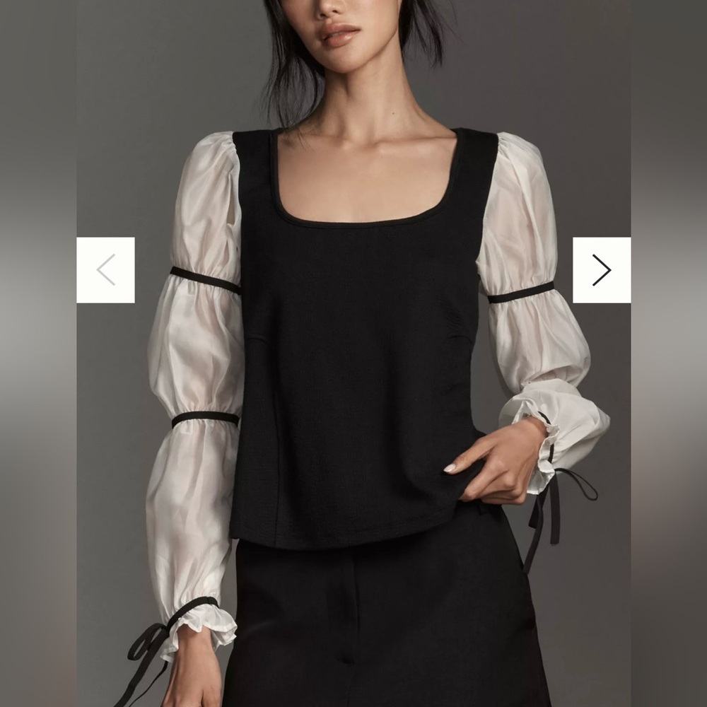 Anthropologie Black Top with Sheer White Puff Sleeves - Women's Blouse NWOT